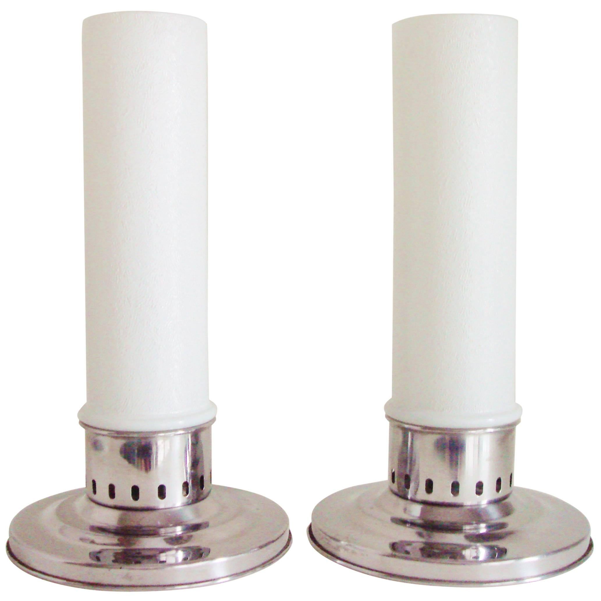 Pair of American Mid-Century Chrome and Milk Glass Candle Lamps by Bloomfield.