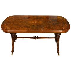 A Burr Walnut 
Marquetry Inlaid Victorian Period Antique Coffee Table