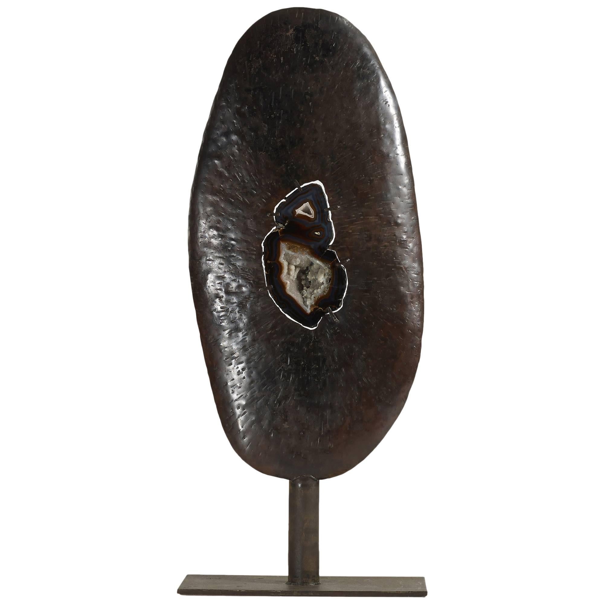 Stunning Hammered Iron and Geode Standing Sculpture  For Sale