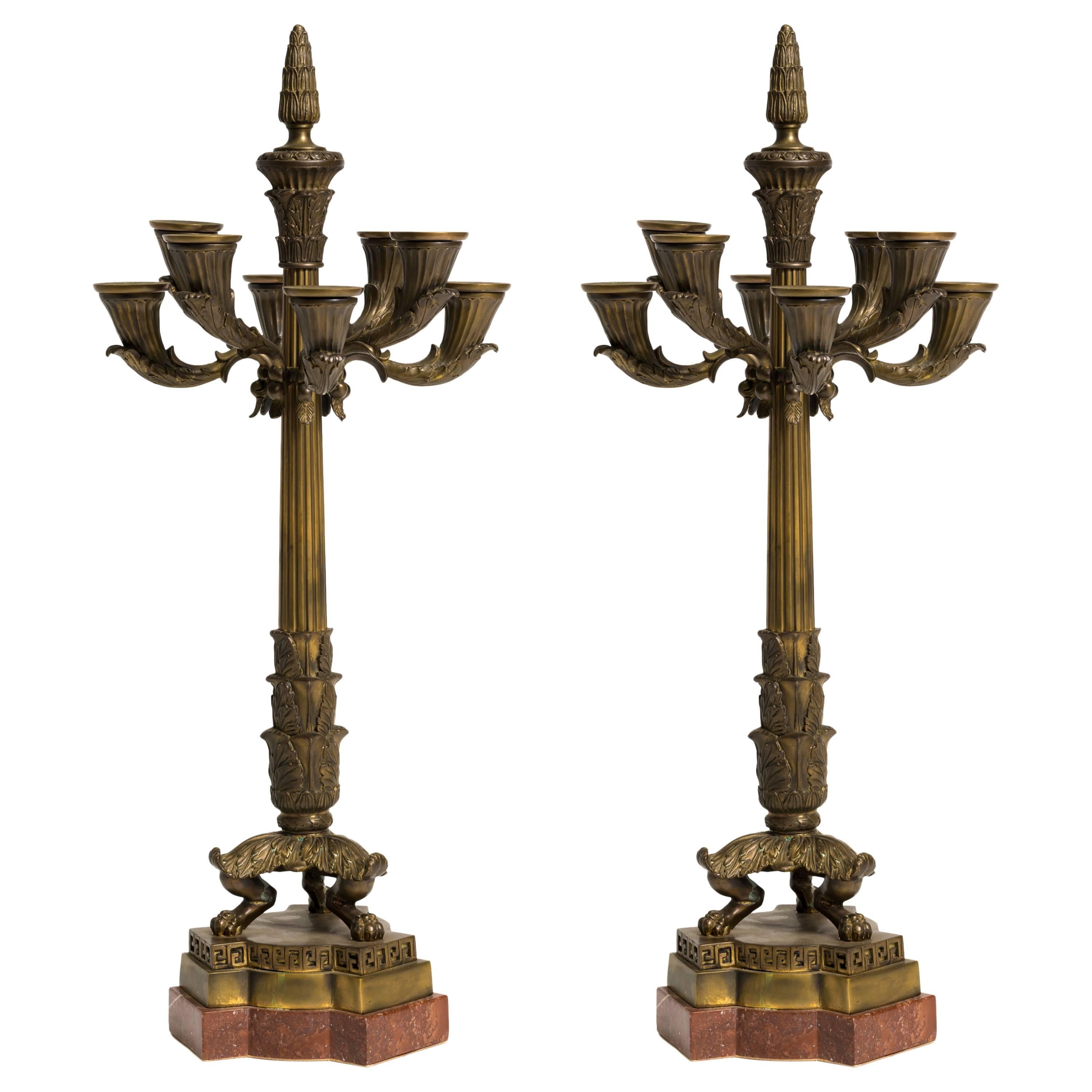 Pair of French Bronze and Marble Large Candelabra