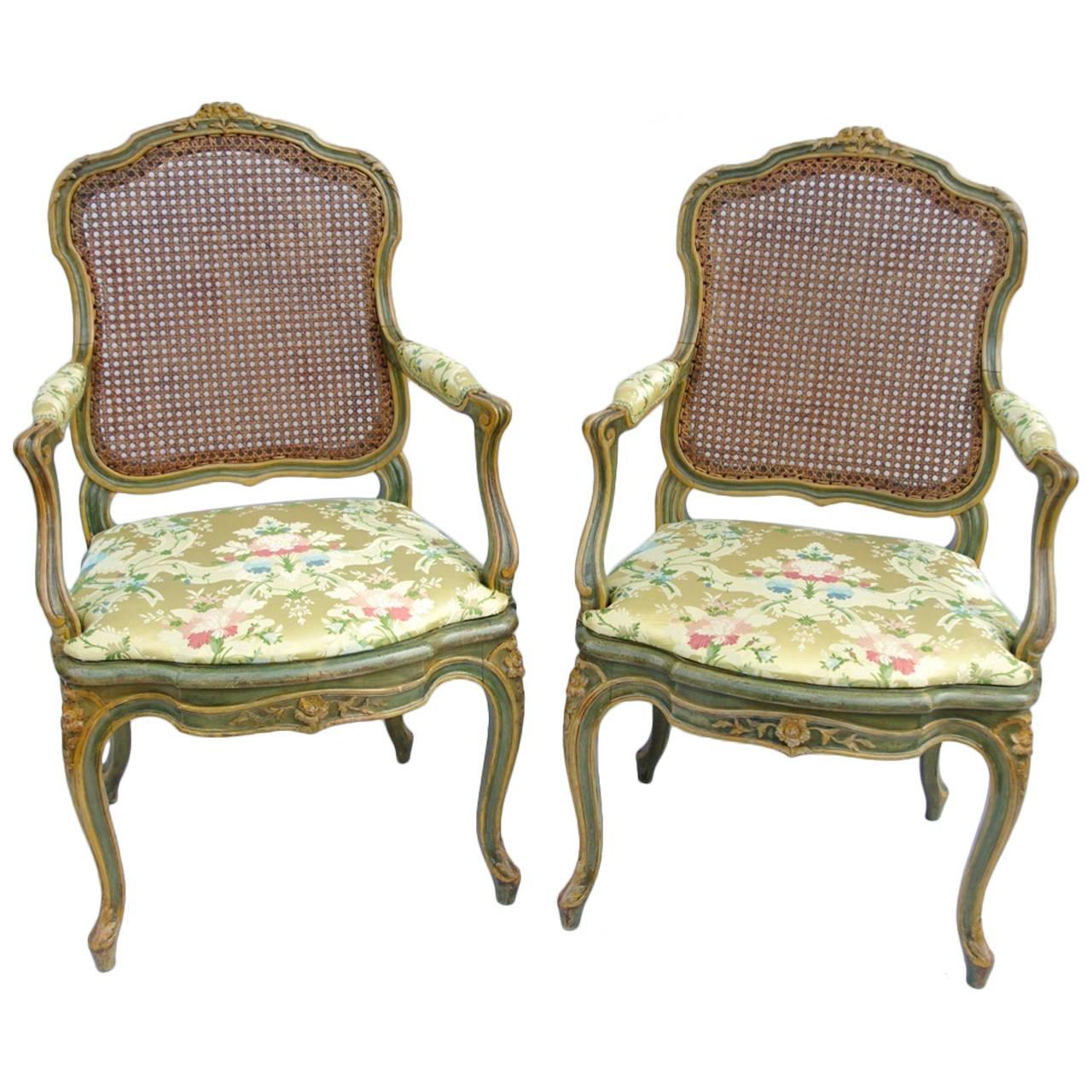 Pair of Caned Louis XV Green Armchairs, circa 1900