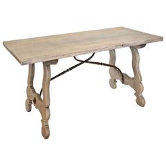 19th Century French Bleached Oak Trestle Table with Iron Stretcher