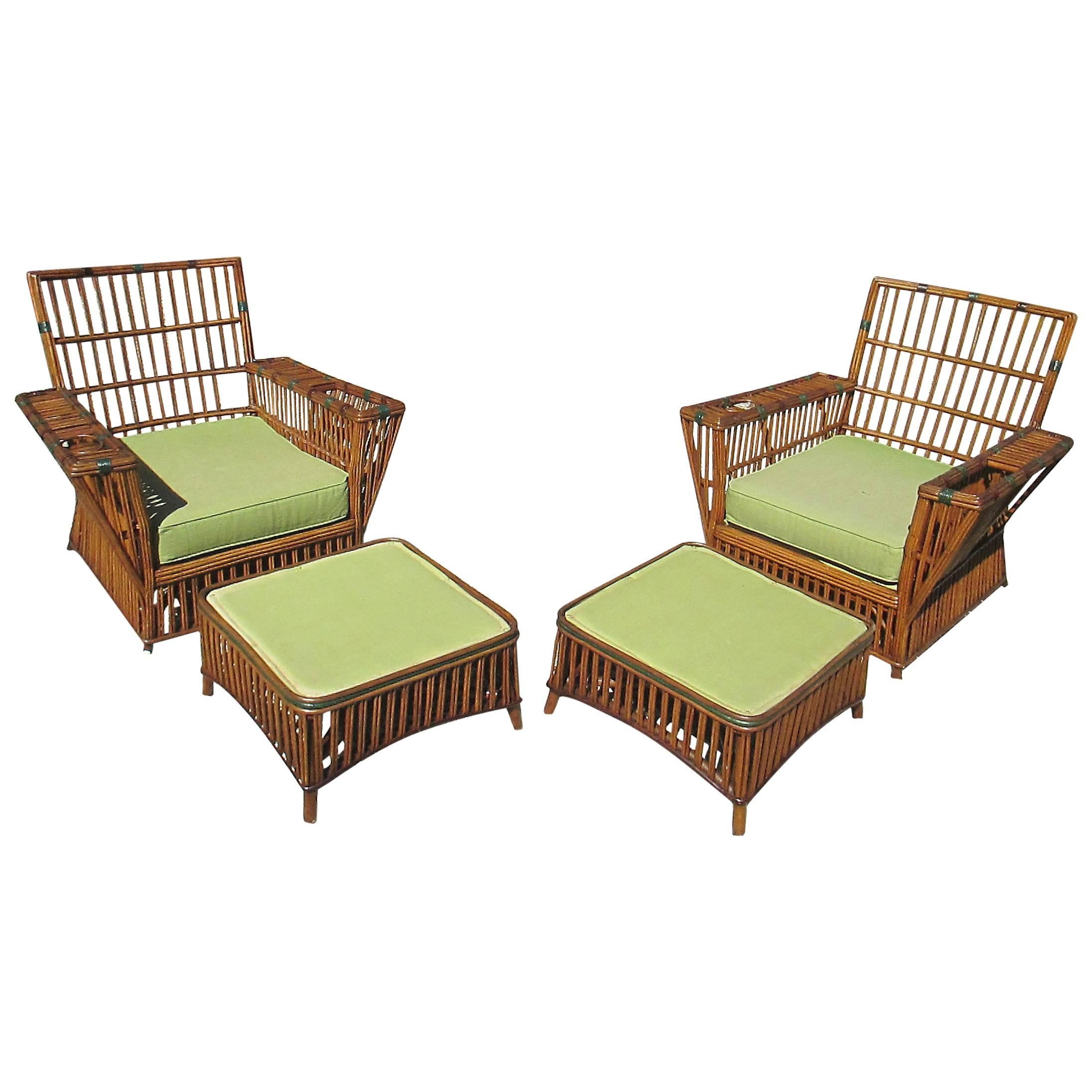 Matching Pair of Stick Wicker Armchairs and Ottomans For Sale
