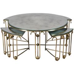 Brass Coffee Table with Nesting Tables by Jean Royère, 1950s