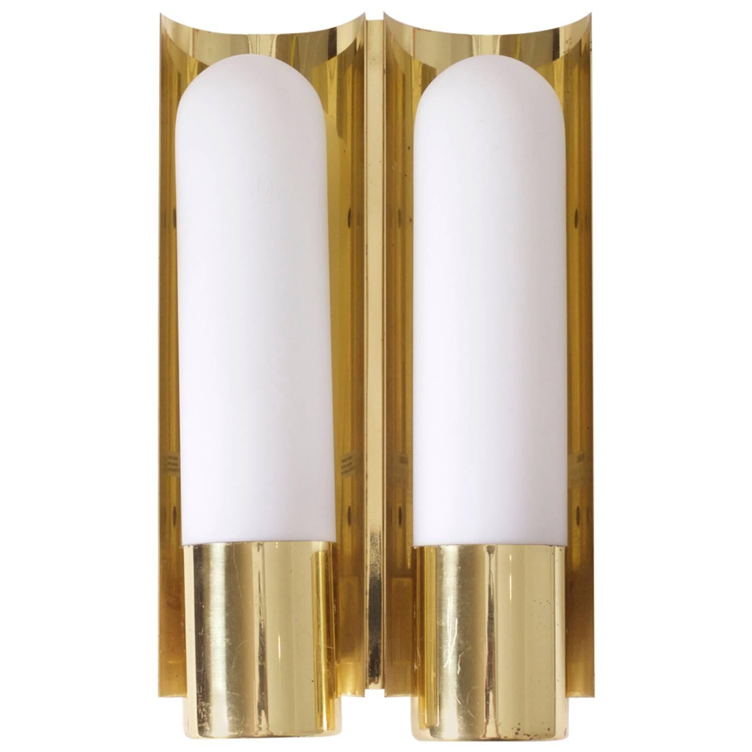 Set of Two Brass and Glass Wall Lights or Sconces by Glashütte Limburg