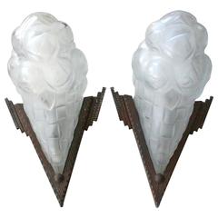 Art Deco Fer Forge Iron and Glass Floral Sconces