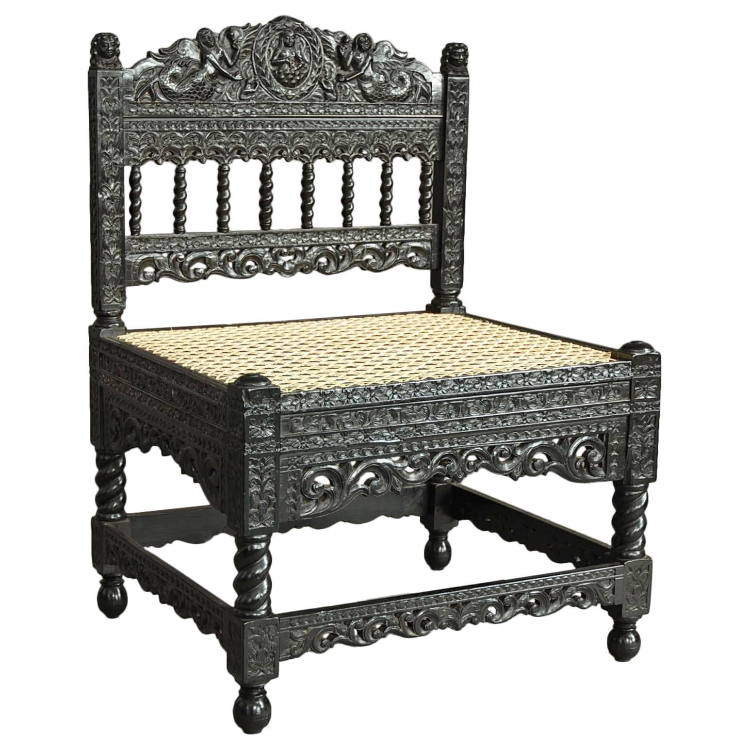 Superb Quality Late 17th Century Solid Ebony Low Chair