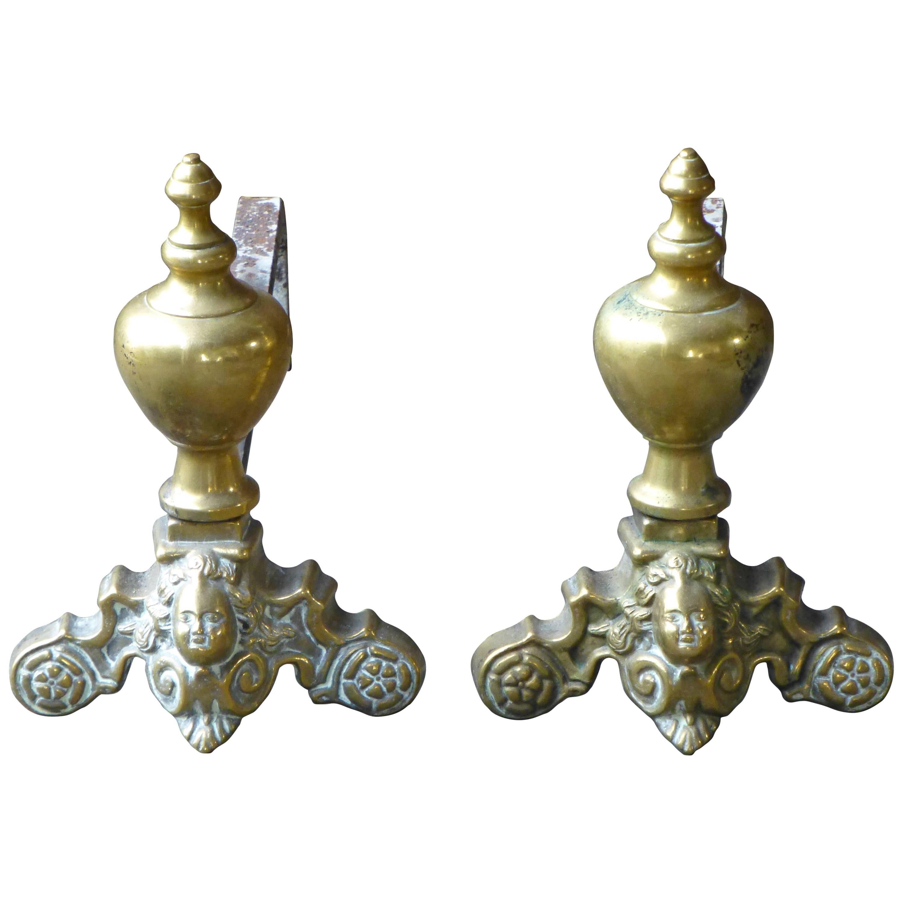 19th Century French Brass Andirons, Firedogs
