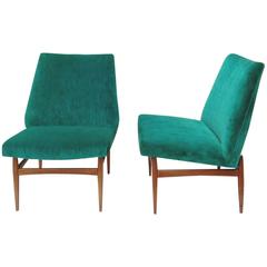 1960s Refined Pair of Chairs in Green Fabric