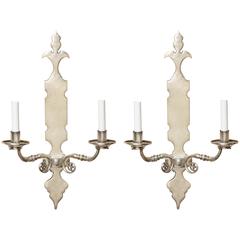 Pair of Two-Light Silver Nickel Sconces with Shaped Backplate 9