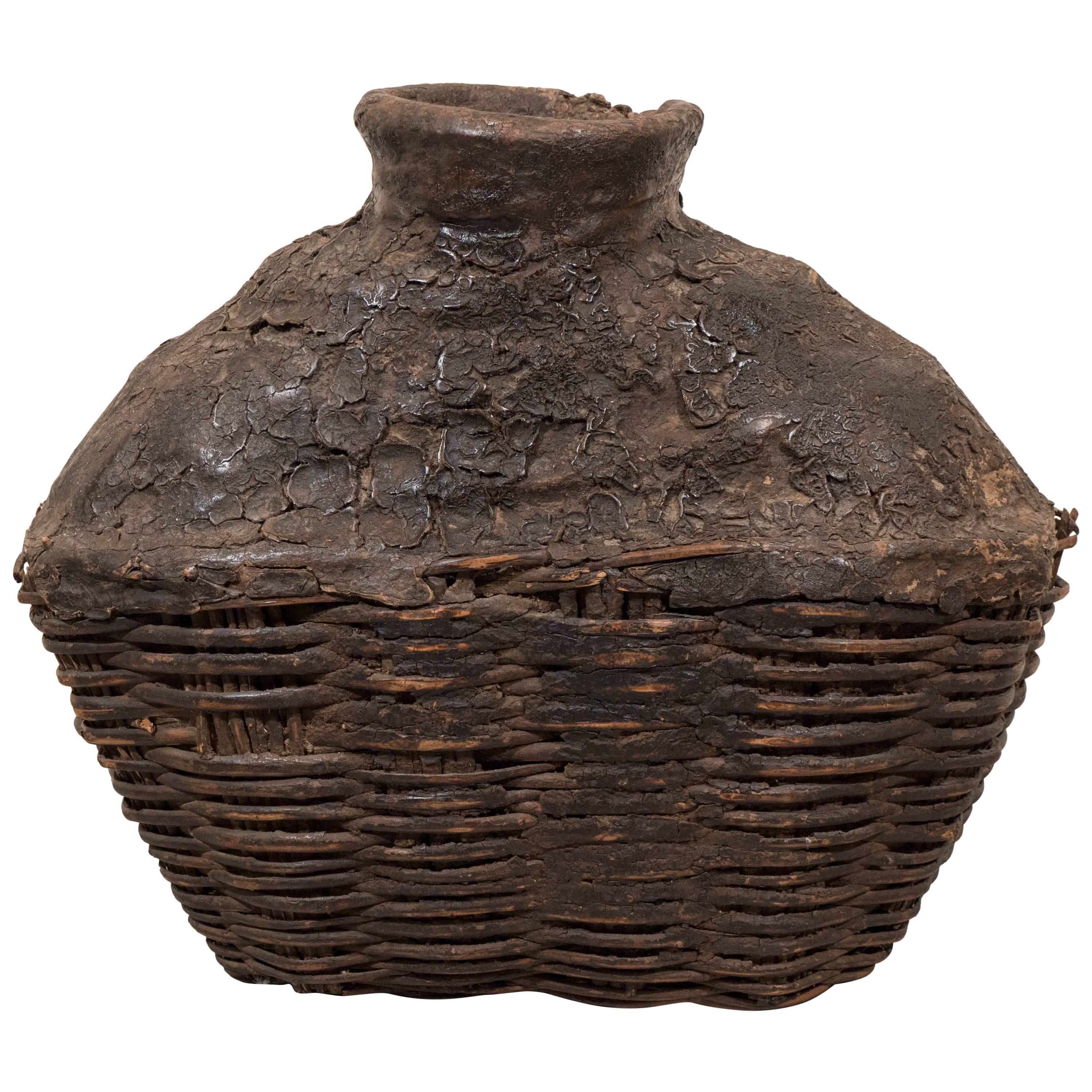 Large Antique Woven Oil Container