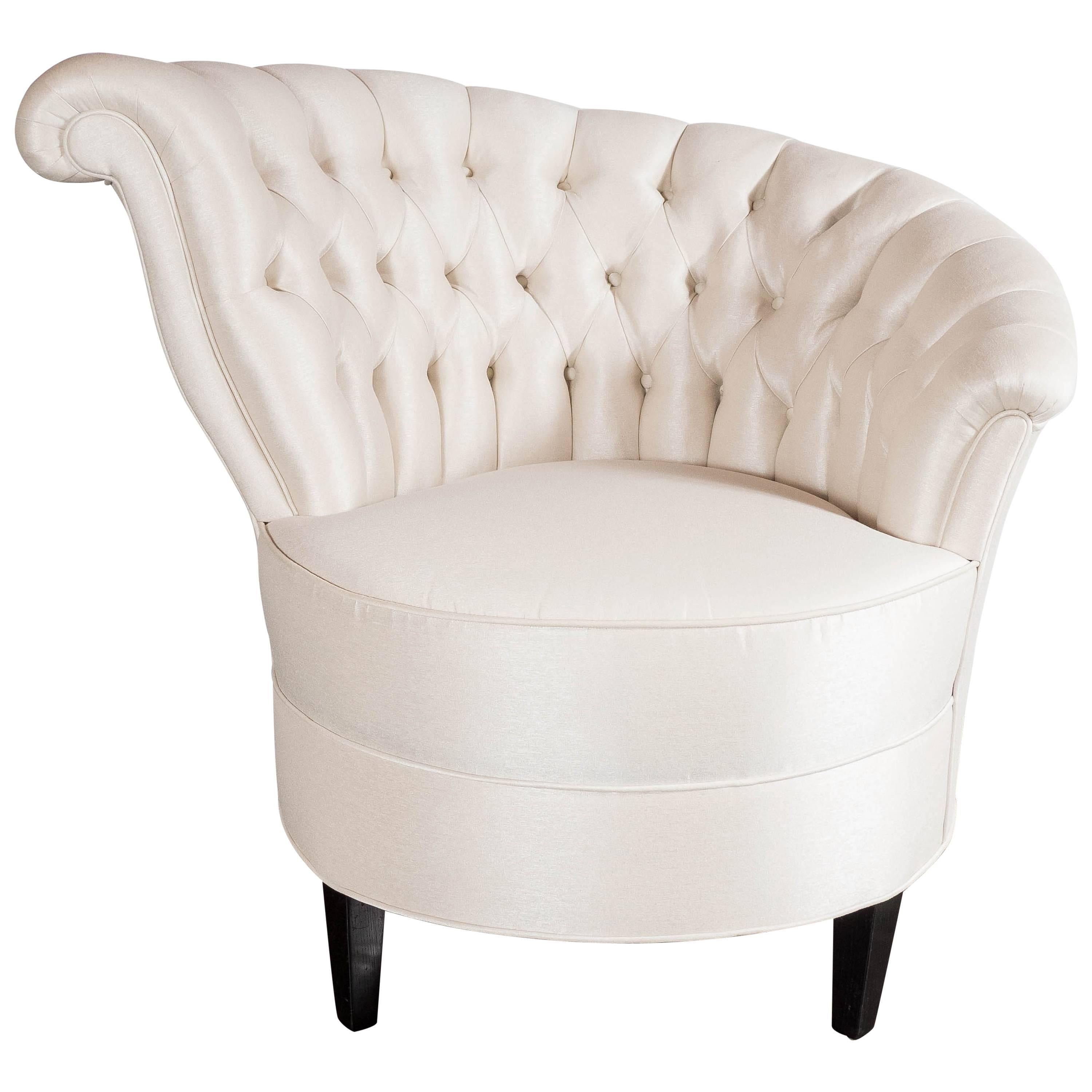Glamorous 1940s Asymmetrical Deep Tufted Back Chair in Oyster Sharkskin