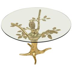 Unusual Gilt Bronze Coffee Table in a Form of a Tree with Bird Nest