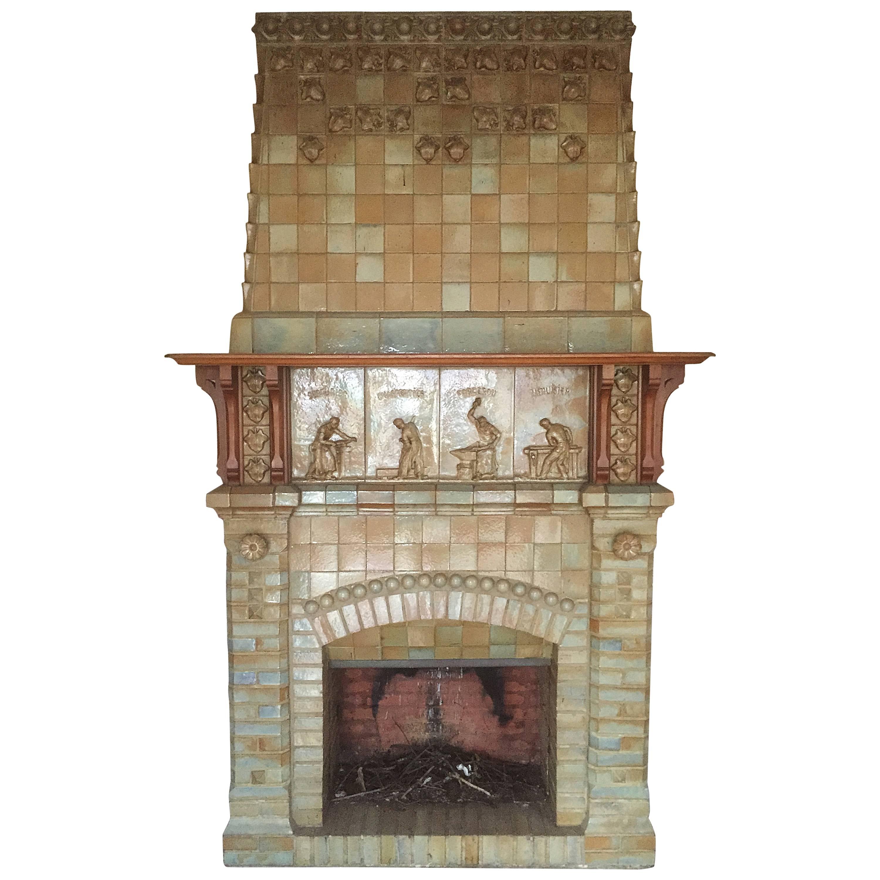 Antique Ceramic Fireplace with Hood by Charles Gréber, circa 1910