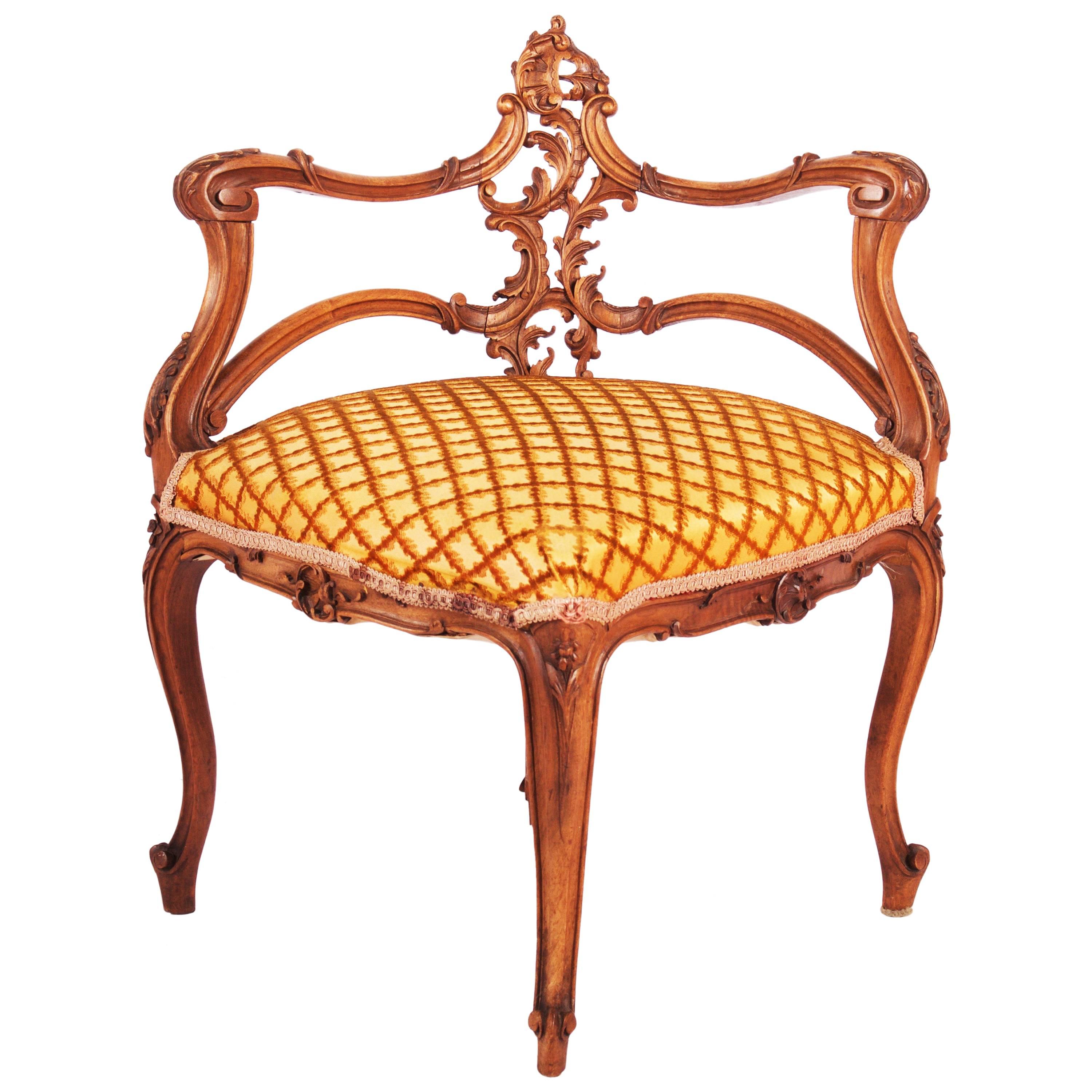 French Louis XV Style Carved Walnut Corner Chair For Sale