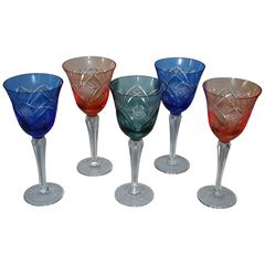 Lot of Five Coloured and Polished Crystal Wine Glasses