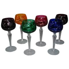 Lot of Six Coloured and Polished Crystal Wine Glasses