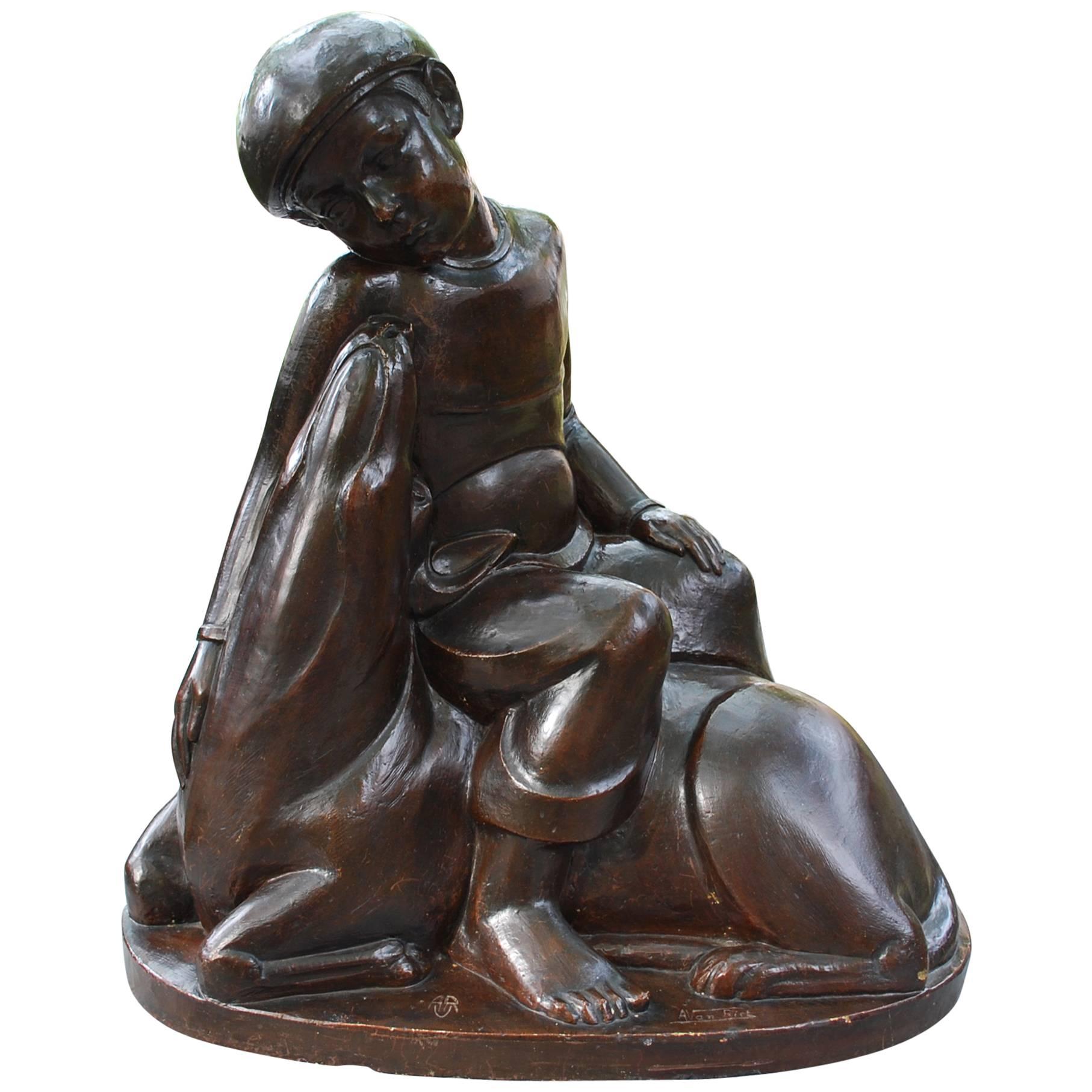 Statue Junge mit Hund des 20. Jahrhunderts von Alfons Vanriet 1892-1976