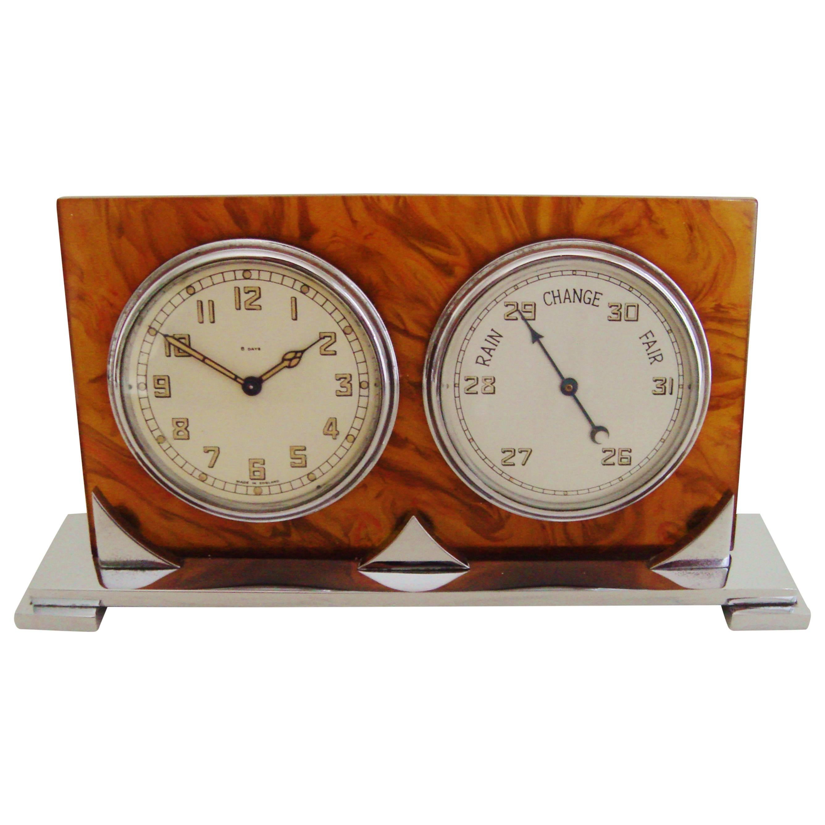 English Art Deco Chrome & Tortoiseshell Bakelite 8-Day Clock & Barometer Combo. 