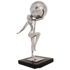 English Art Deco Chrome & Vitrolite Marching Nude Wheel & Flint Table Lighter.