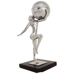 English Art Deco Chrome & Vitrolite Marching Nude Wheel & Flint Table Lighter. 1