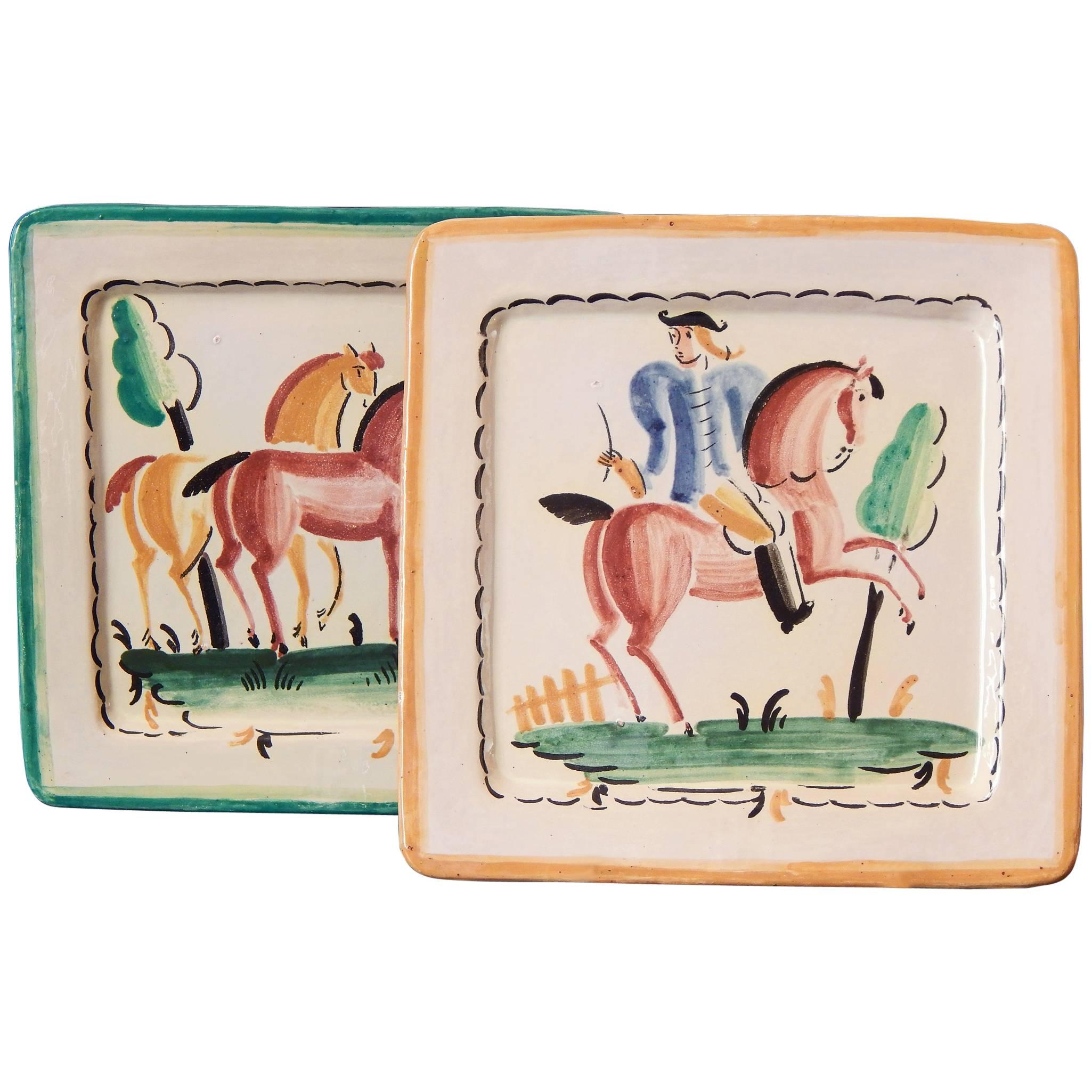 Art Deco Decorated Plates with Horses, Italian, Late 1920s For Sale