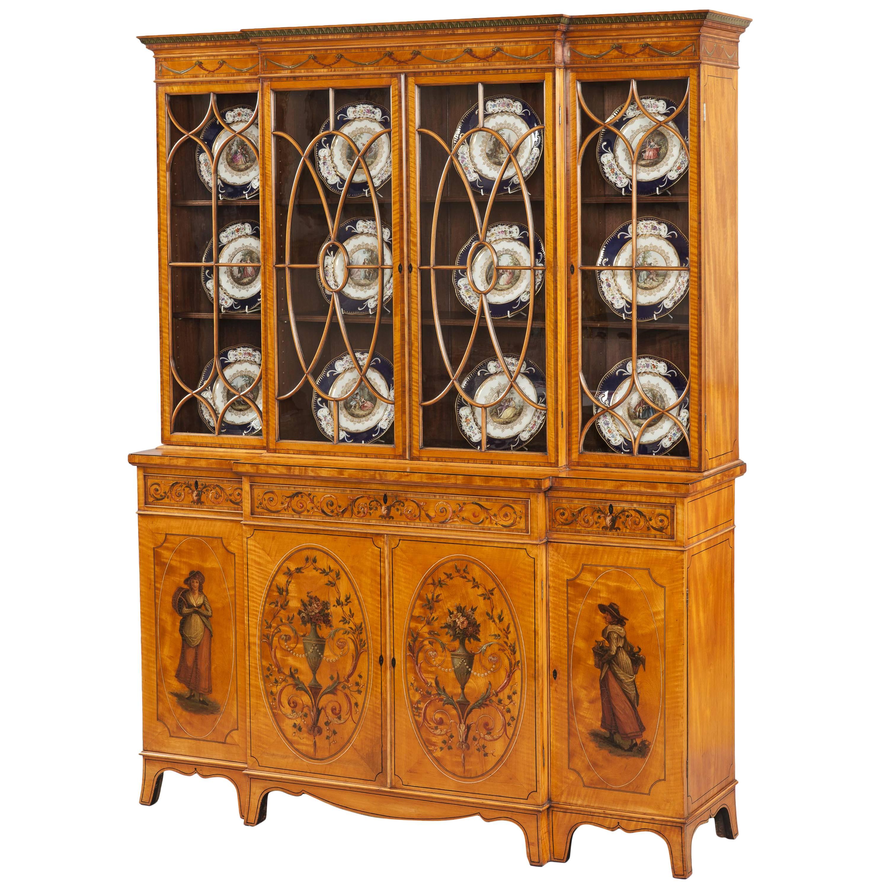 English Satinwood Library Bookcase with Neoclassical Decoration For Sale