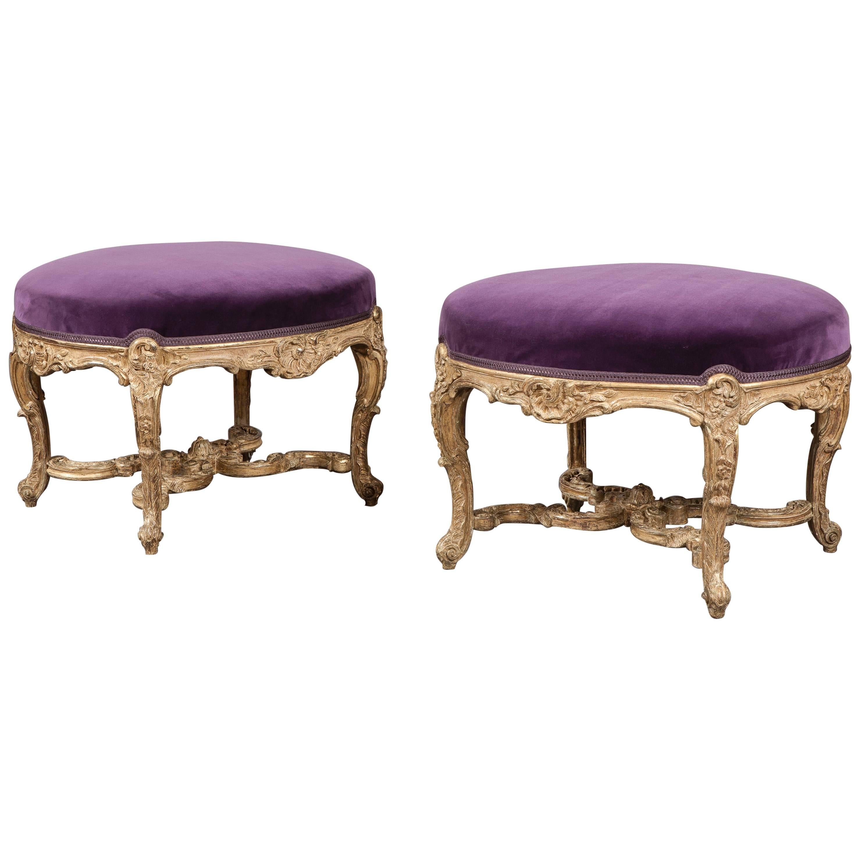 Pair of 19th Century French Giltwood and Purple Velvet Footstools