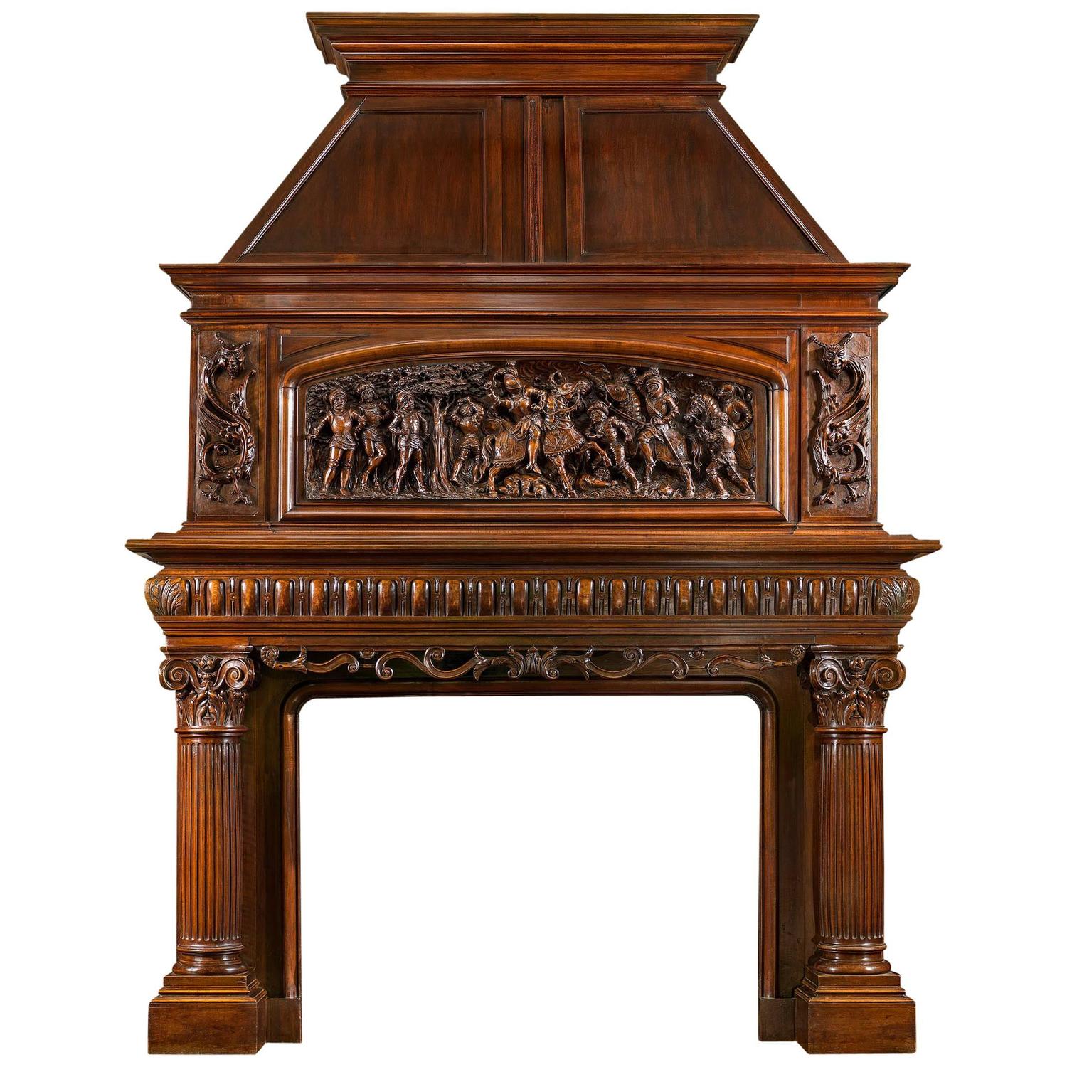 19th Century Antique French Fireplace Mantel Carved In Walnut For