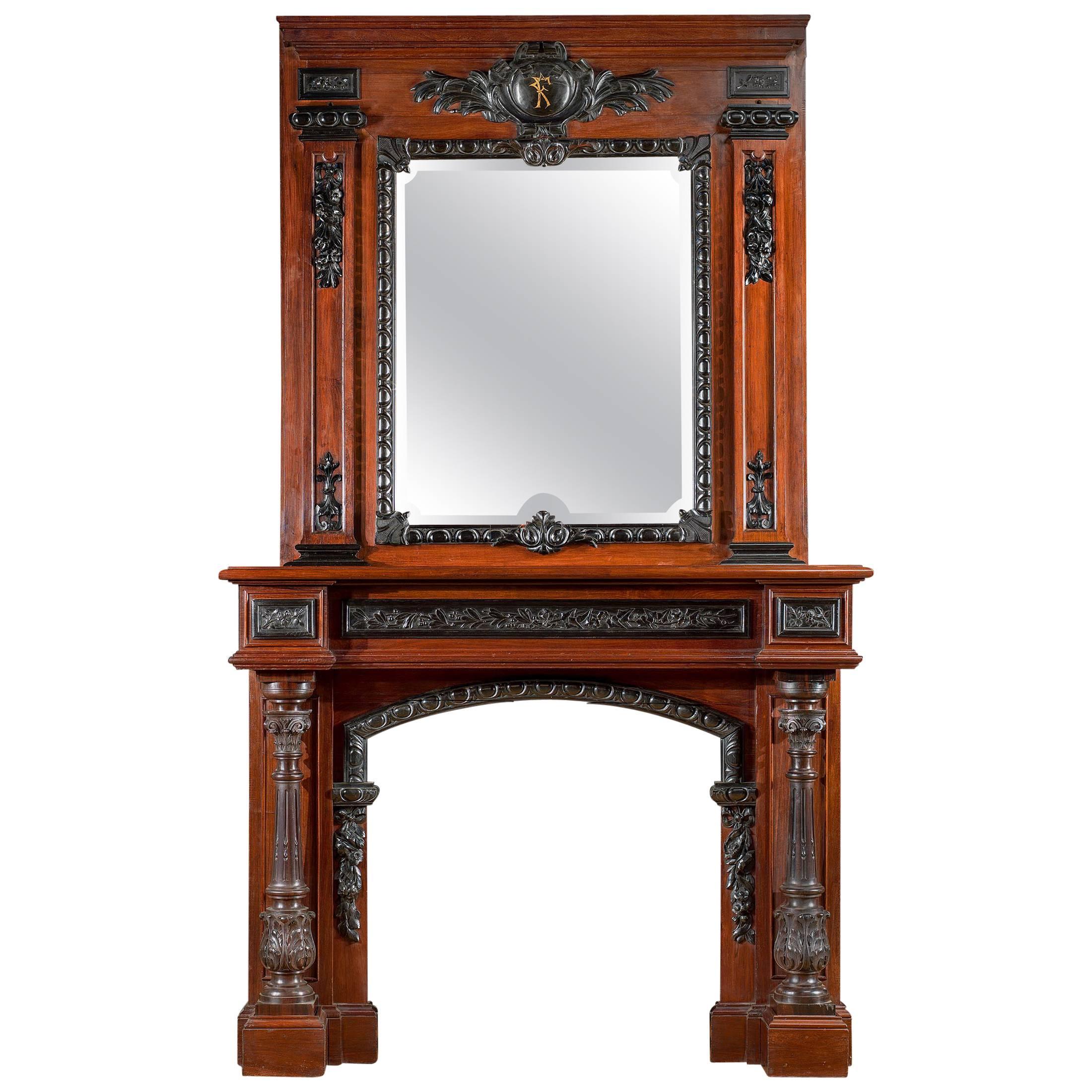 Rosewood and Ebony Antique Fireplace Mantel in the French Baroque Manner