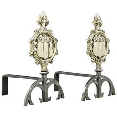 Pair of Tall English Brass and Iron Gothic Revival Armorial Antique Andirons