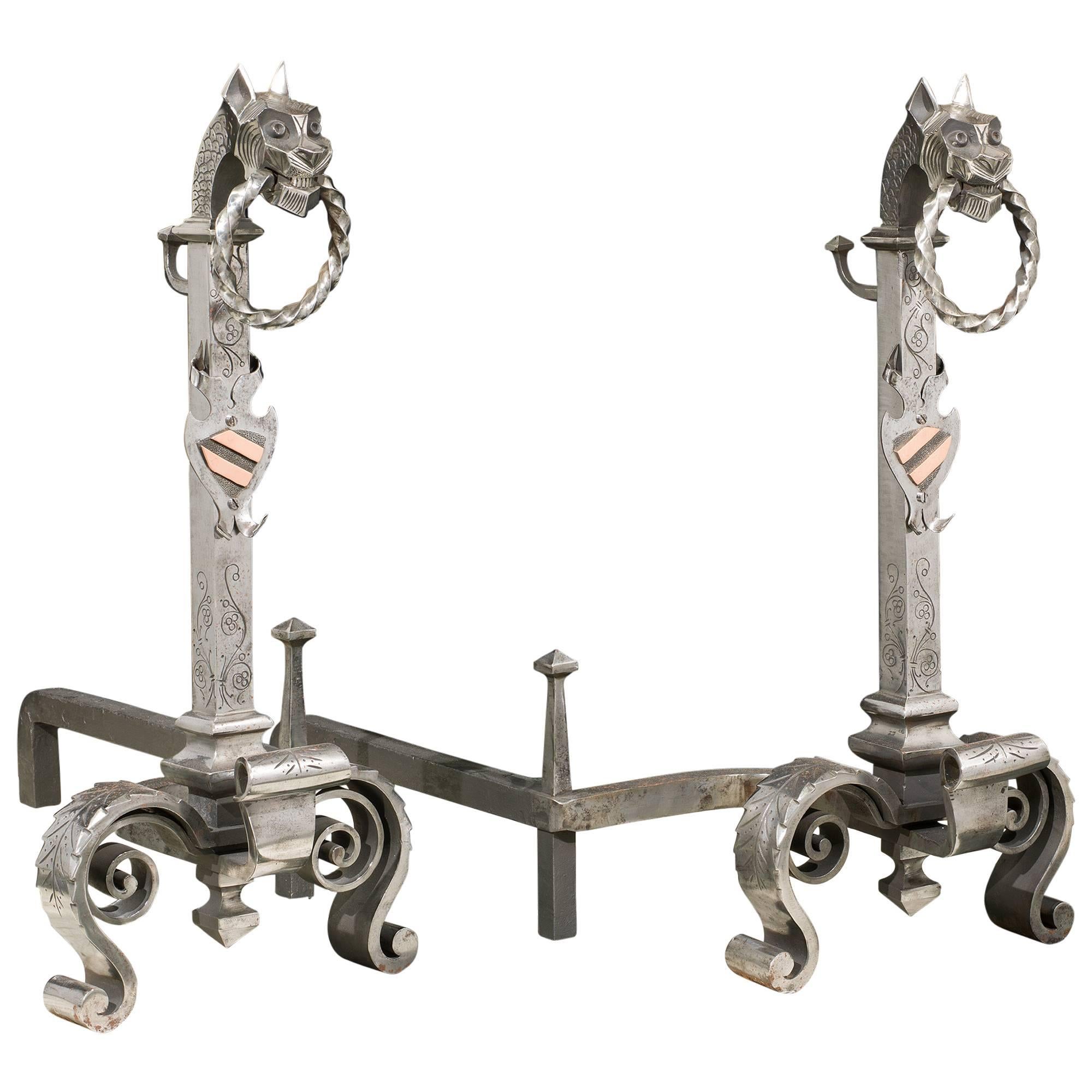 Pair of Tall English Gothic Style Wrought Iron Antique Andirons