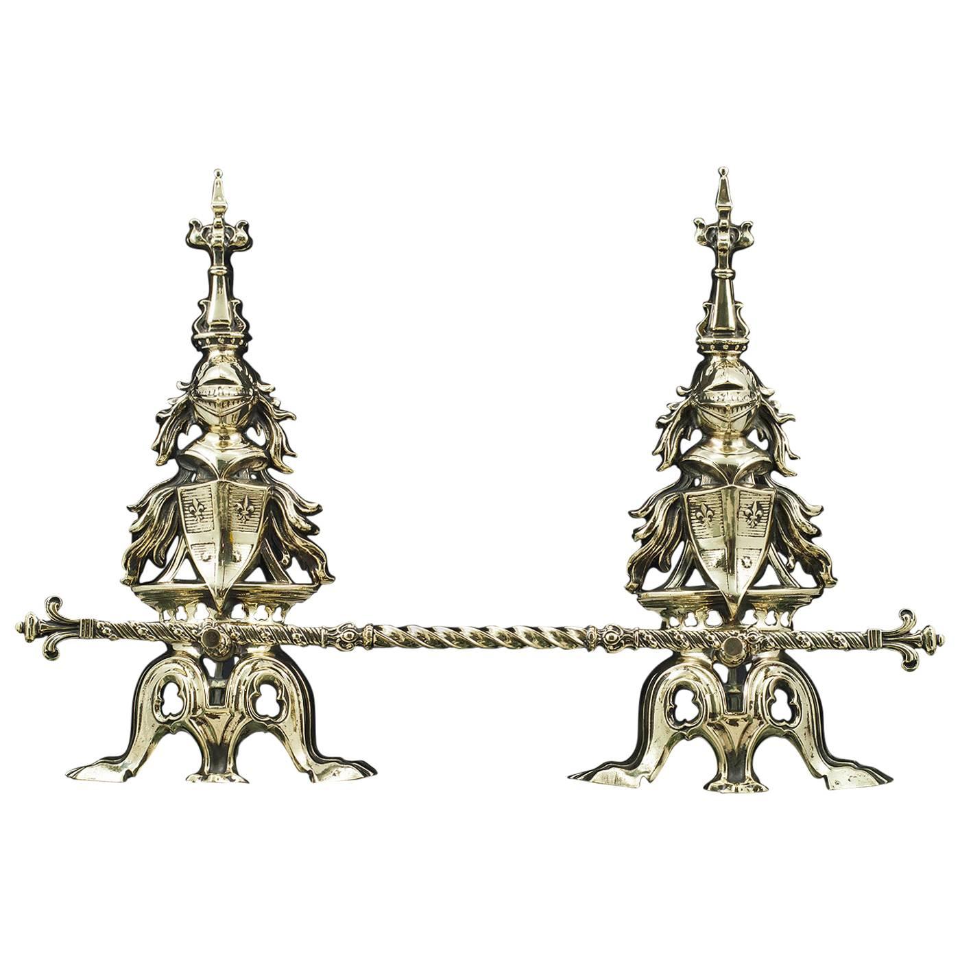 Pair of Tall 19th Century English Antique Brass Armorial Andirons For Sale