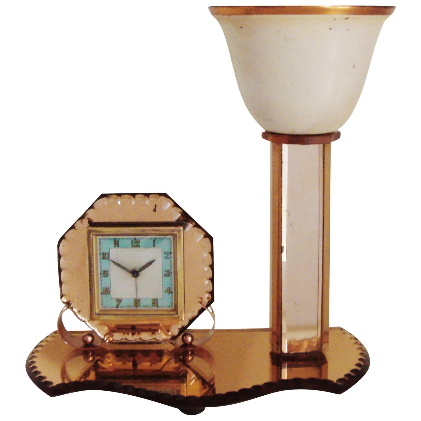 French Art Deco Copper & Peach Scalloped Edge Mirror Alarm Clock/Torchiere Combo For Sale