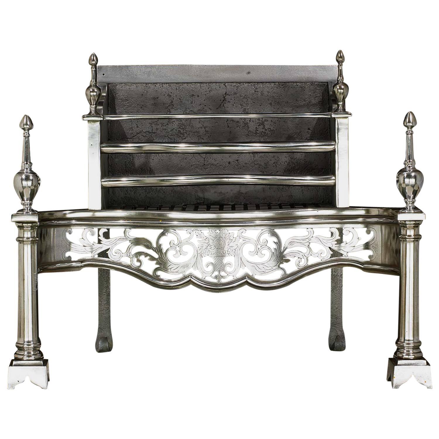 Fine Antique English George III Style Polished Steel Fire Grate, circa 1880