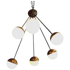 Vintage Stilnovo spider ceiling chandelier brass and opaline glass balls ca.1950