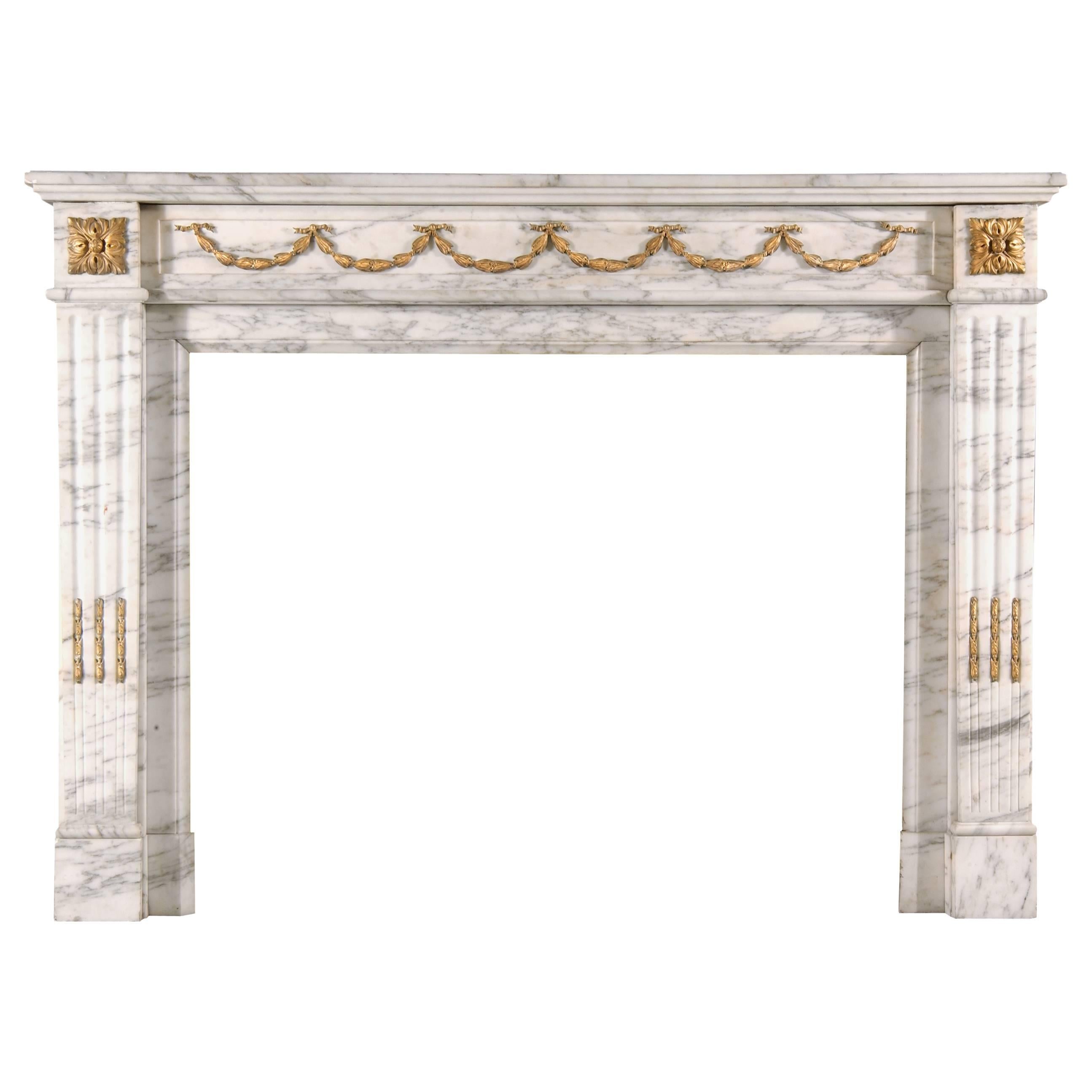 19th Century French Statuary Marble and Gilt Ormolu Antique Fireplace Mantel