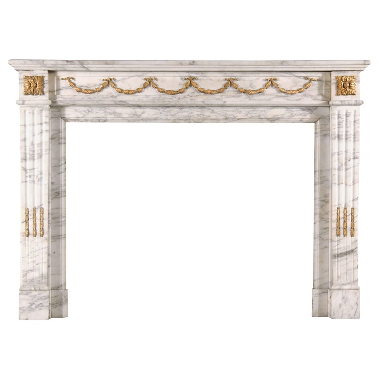 19th Century French Statuary Marble and Gilt Ormolu Antique Fireplace Mantel For Sale