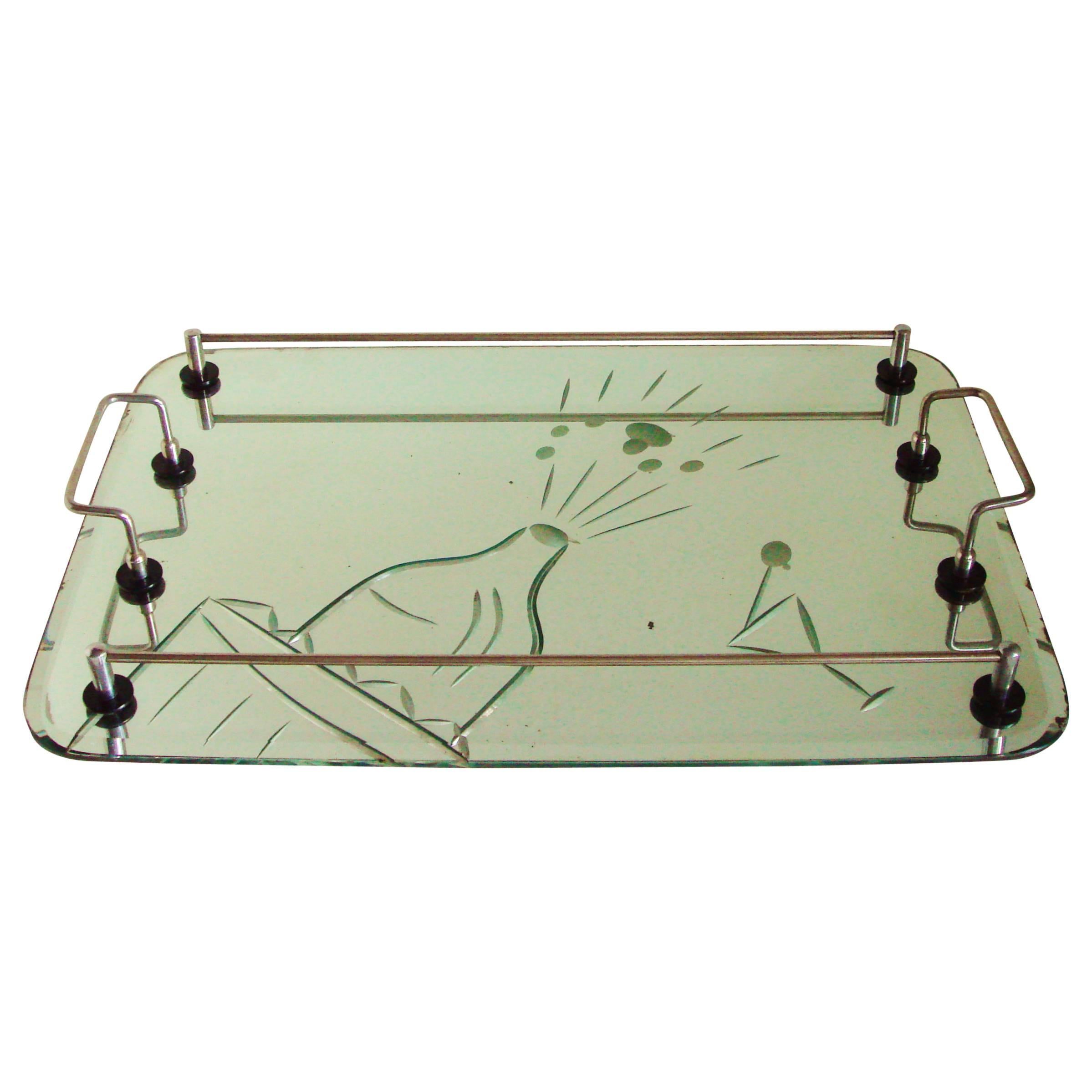 Australian Art Deco Etched and Bevelled Mirror Cocktail Tray with Chrome Gallery For Sale