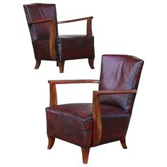 Pair of 1940s French Bridge Club Chairs in Leather