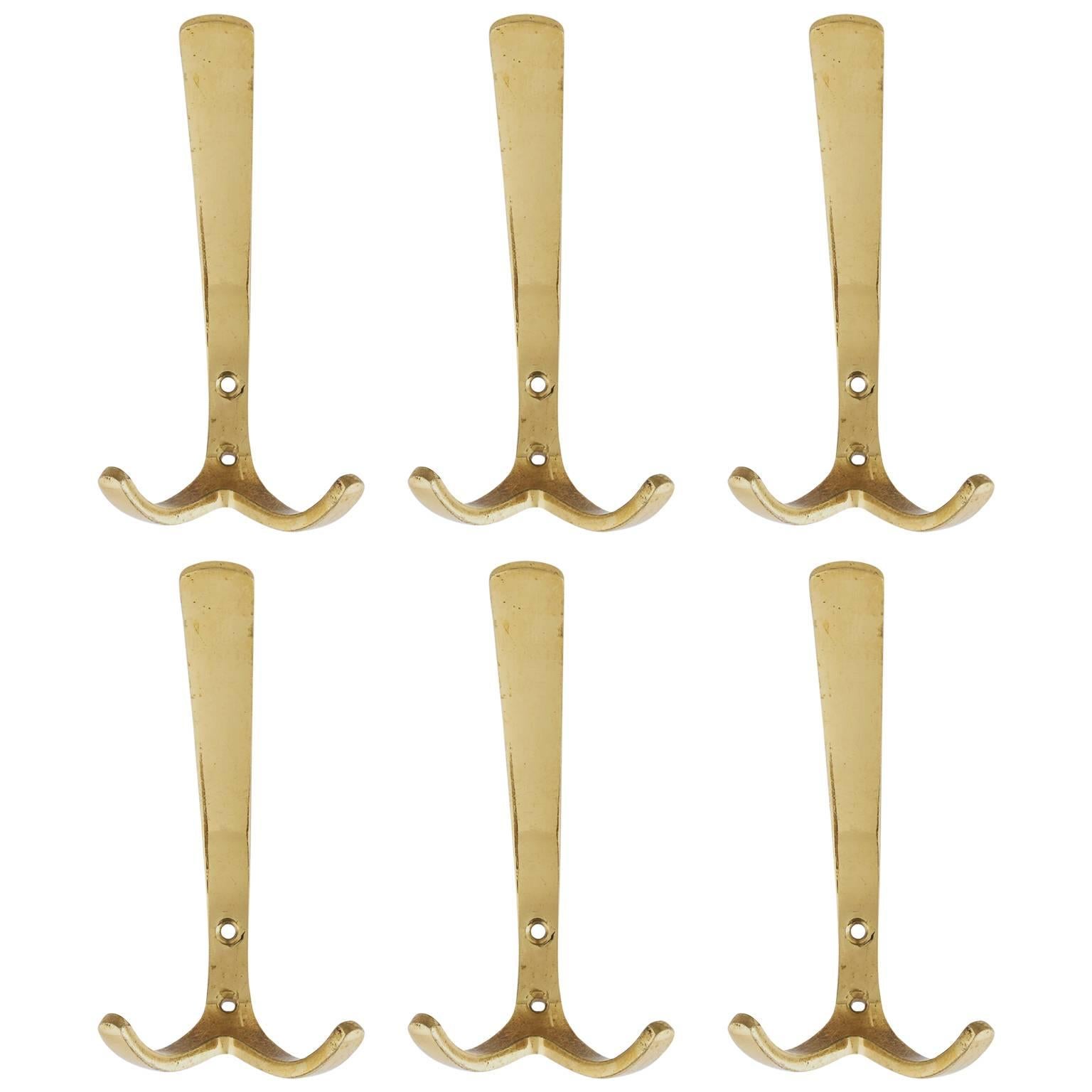 Set of Six Coat Wall Hooks Brass by Hertha Baller, Austria, 1950s