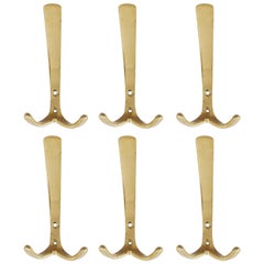 Set of Six Coat Wall Hooks Brass by Hertha Baller, Austria, 1950s