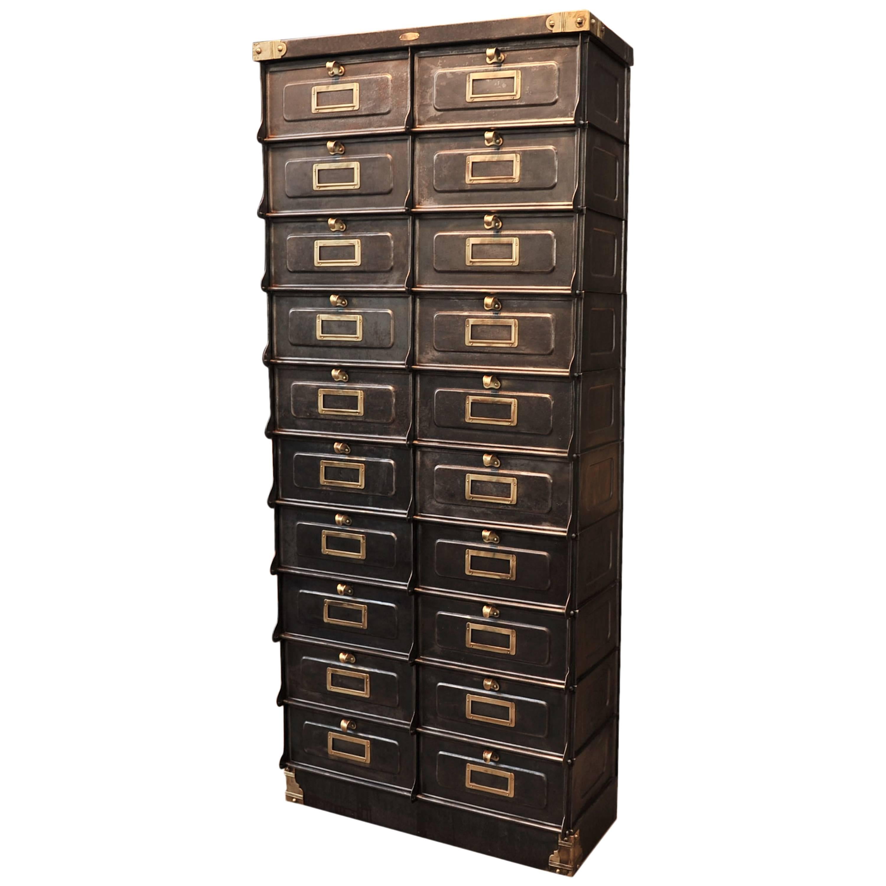Industrial Strafor Polished Iron French Multi-Drawer Cabinet, 1920s