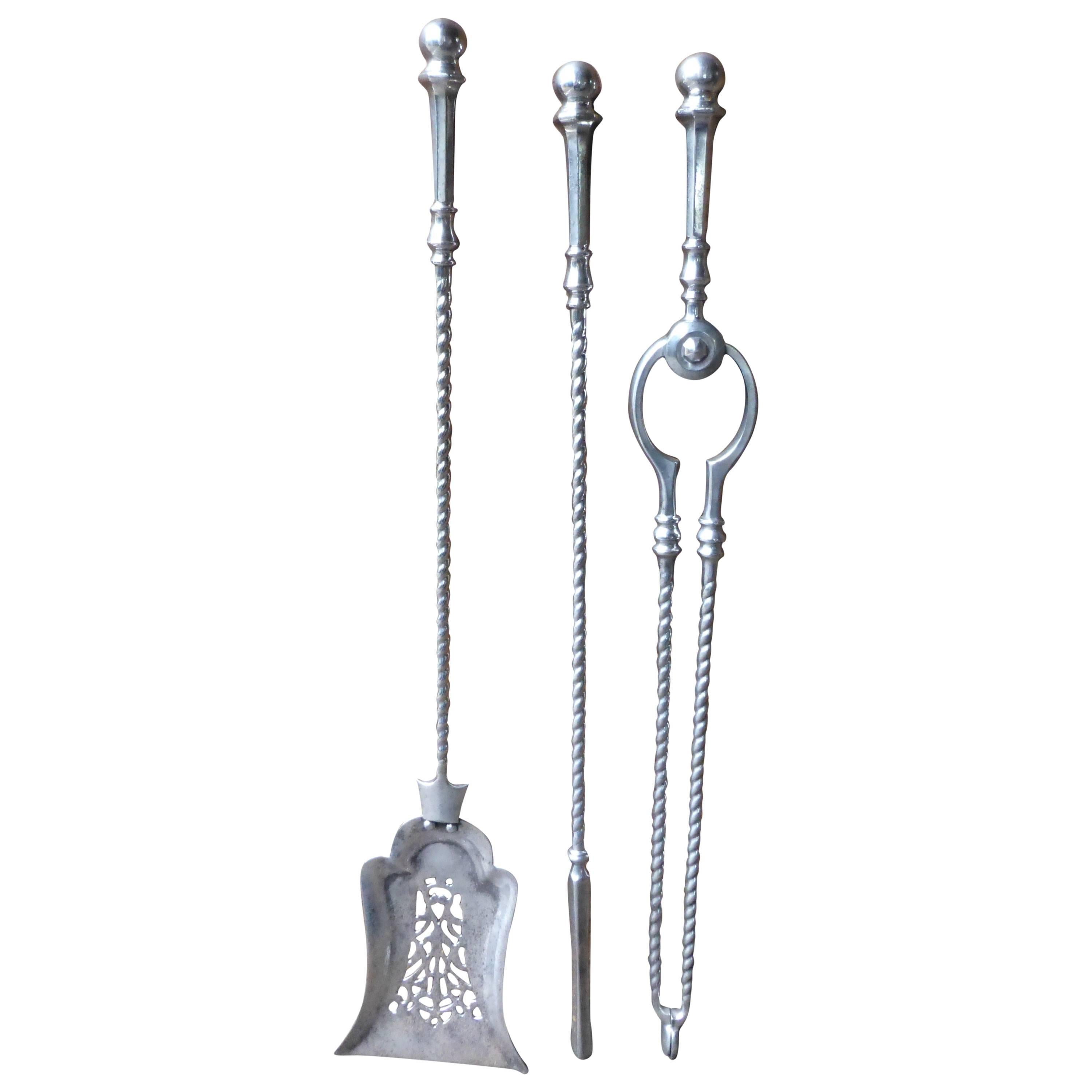 19th Century Polished Steel Fire Tool Set, Fireplace Tools