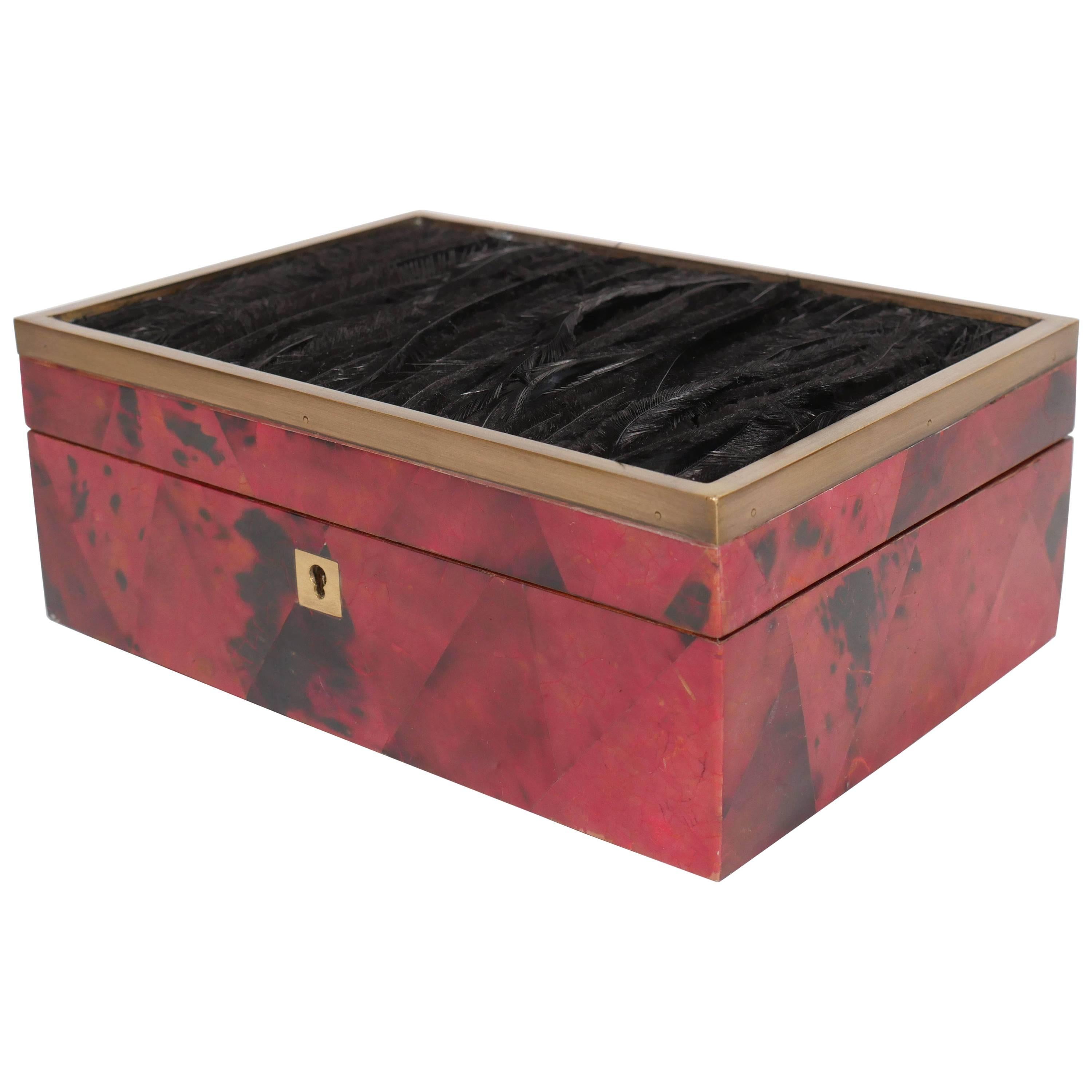 Exceptional Jewelry Box in Lacquered Pen Shell with Exotic Feather Accents