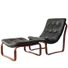 Ingmar Relling for Westnofa Black Leather Chair and Ottoman Norway