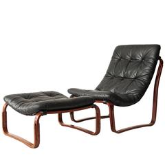 Ingmar Relling for Westnofa Black Leather Chair and Ottoman Norway Ingmar Relling for Westnofa Black Leather Chair and Ottoman Norway