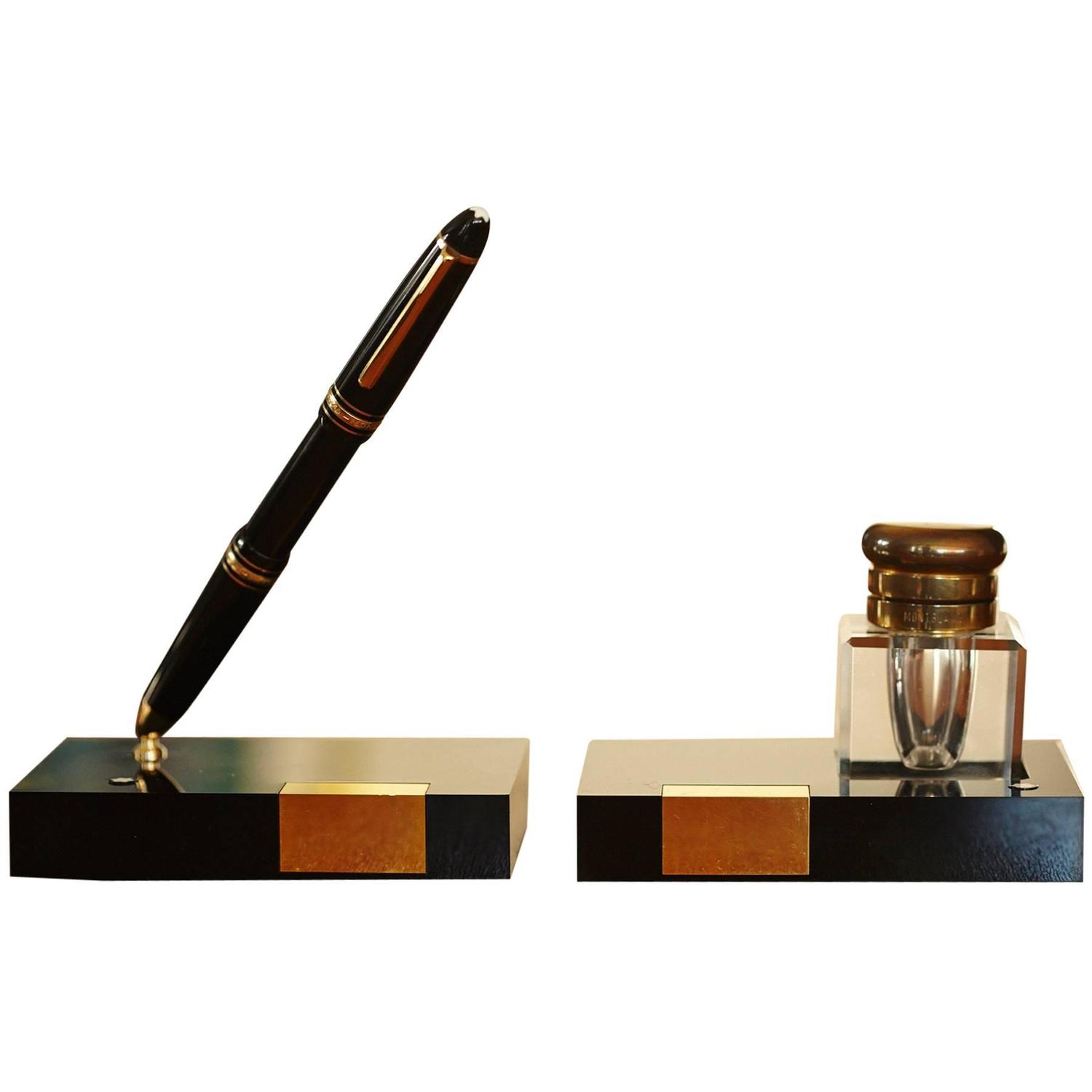 Montblanc Writing Set, Fountain Pen Holder and Crystal Inkwell, circa