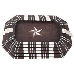 A stack of six antique wood trays with bone inlays 4