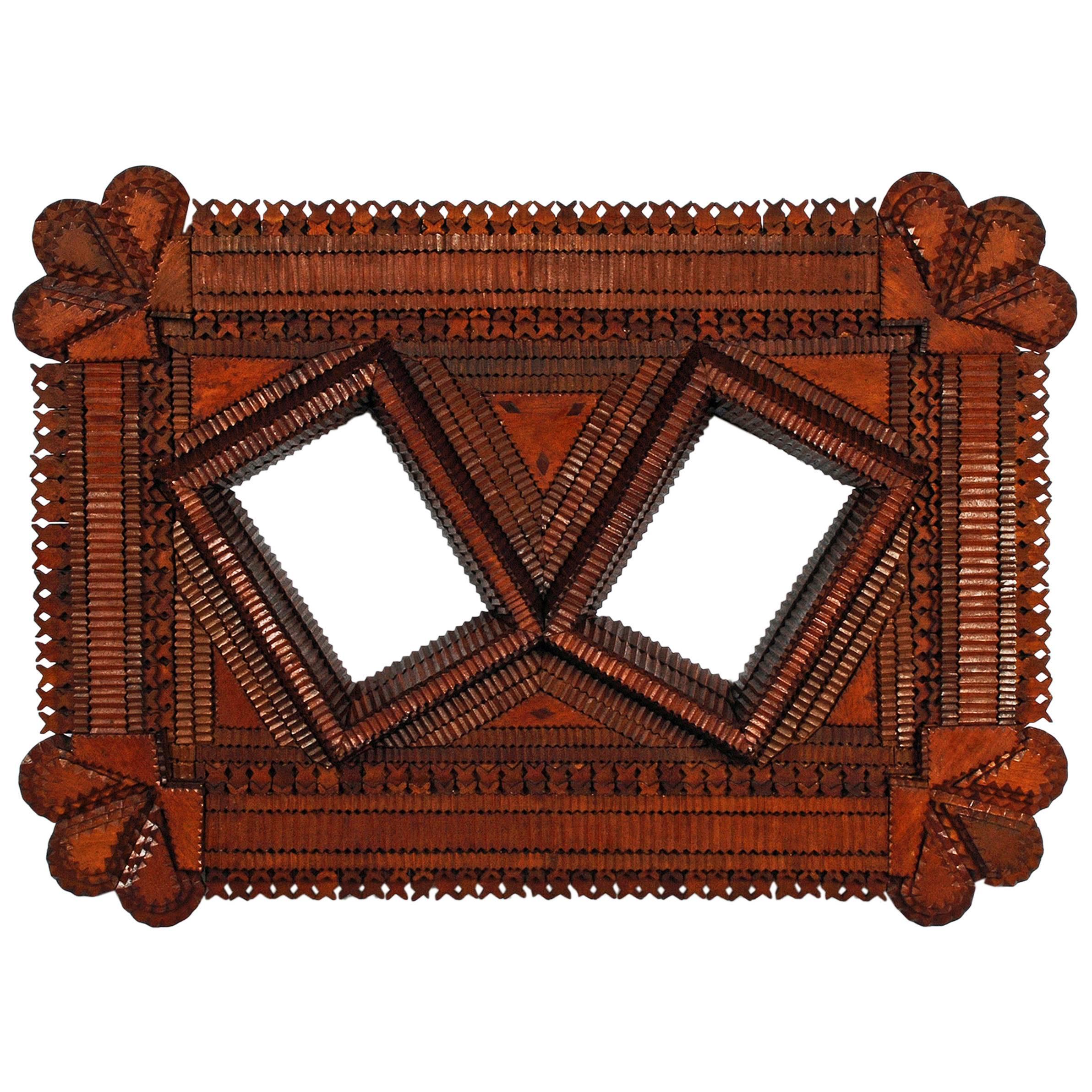 Tramp Art Double Portrait Frame with Floral Corners